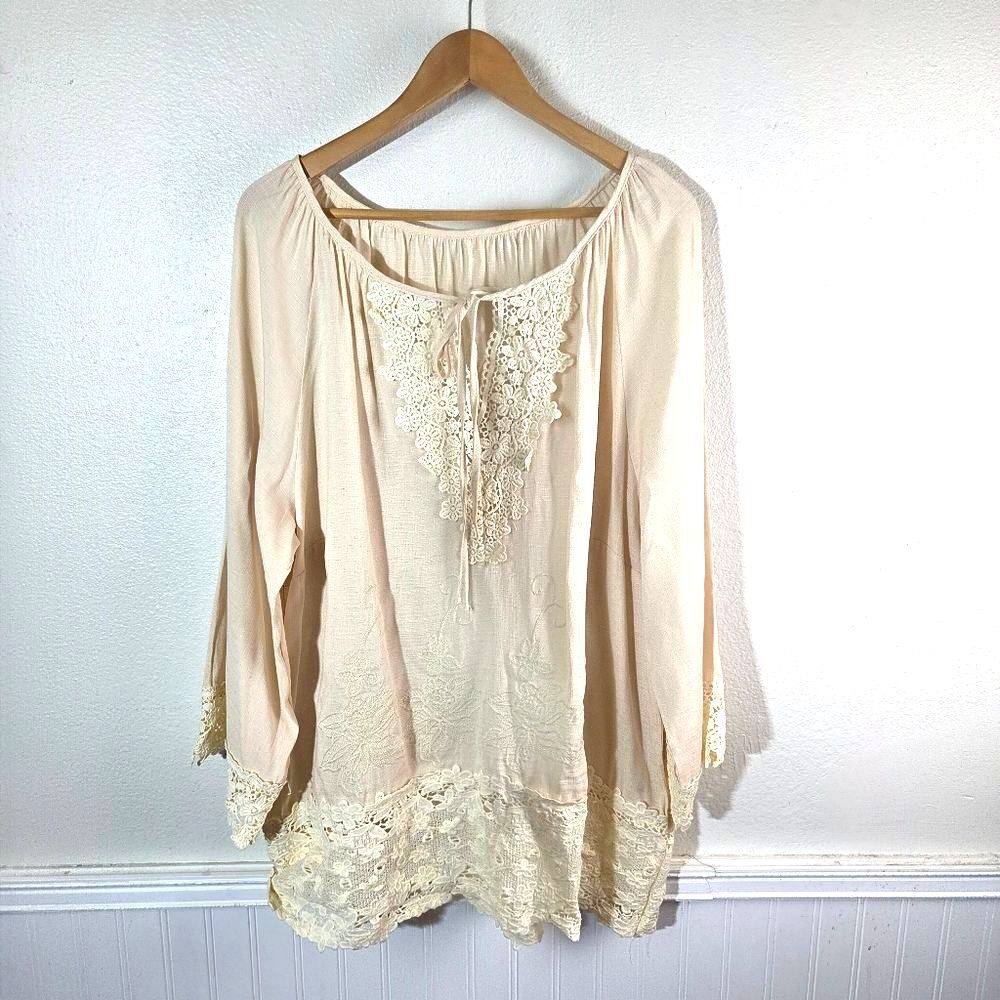 Womens Boho Peasant Blouse Lace Trim Tunic Top Cream Long Sleeve Size 3XL